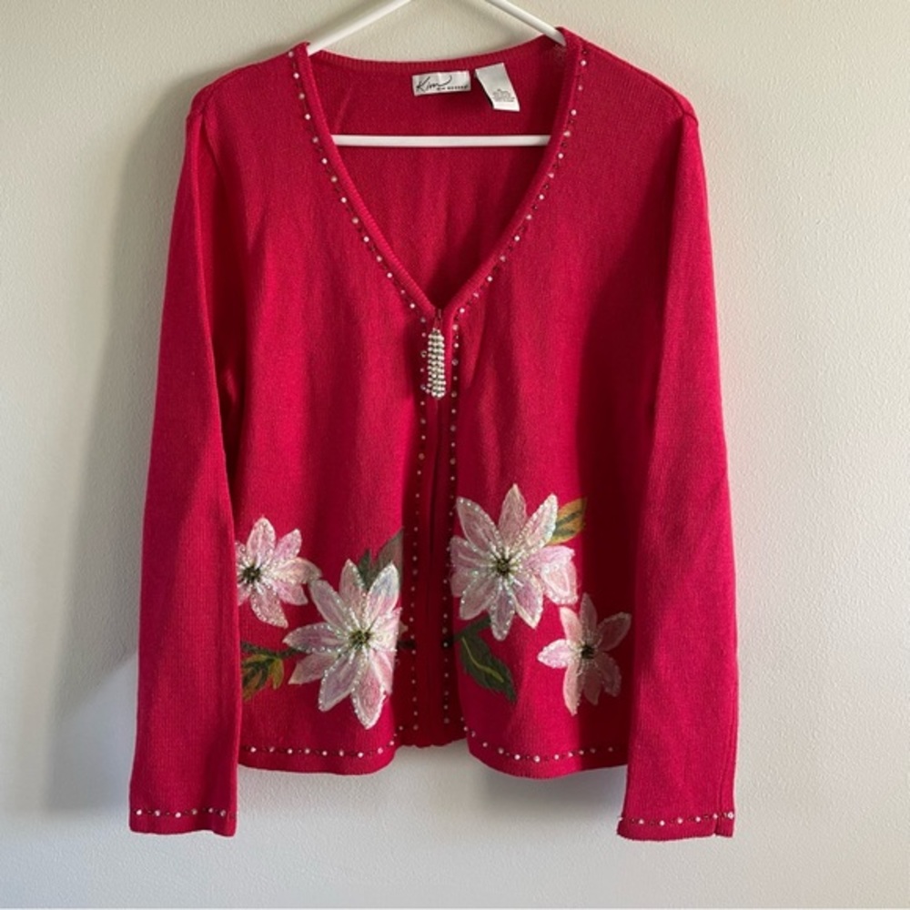 Kim Rogers Christmas Sweater Women’s‎ Size XL White Poinsettias Beading Sequins